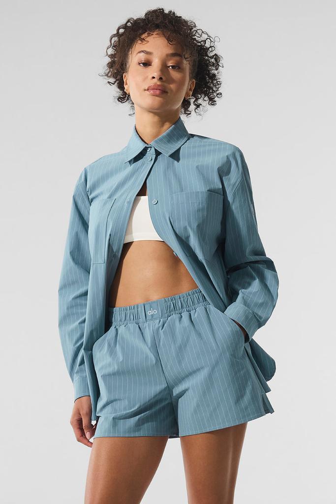Alo Pinstripe Daylight Button Down Long Sleeve - Lunar Grey/White