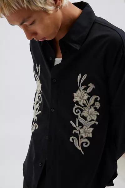 Urban Outfitters UO Floral Embroidered Long Sleeve Dress Shirt