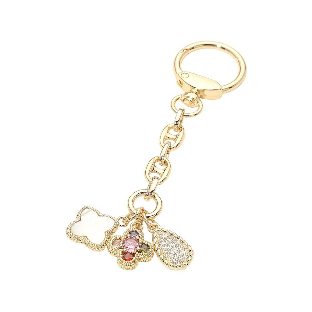 FASHNZFAB 14K Gold Plated CZ Mother of Pearl Floral Charm Drop Bag Charm Keychain 2