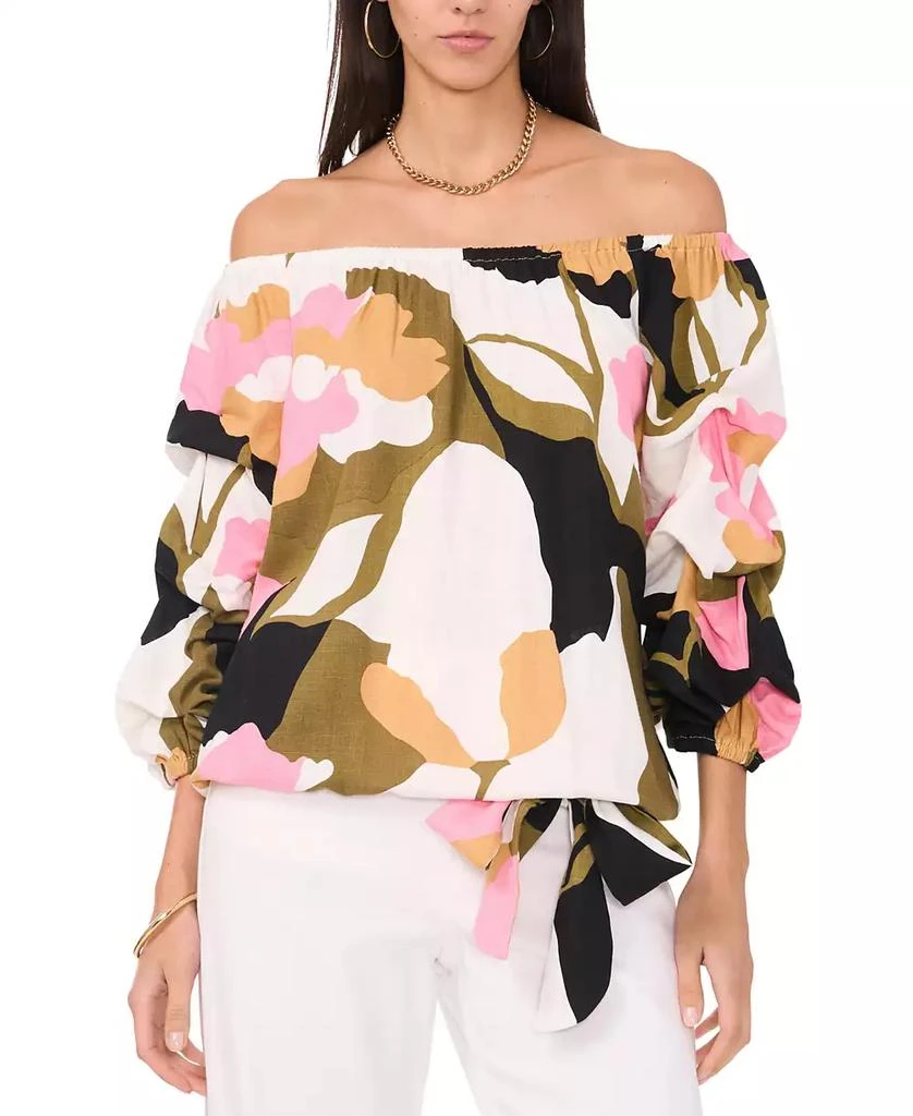 Vince Camuto Women's Printed Linen-Blend Off The Shoulder Bubble Sleeve Tie Front Top 1