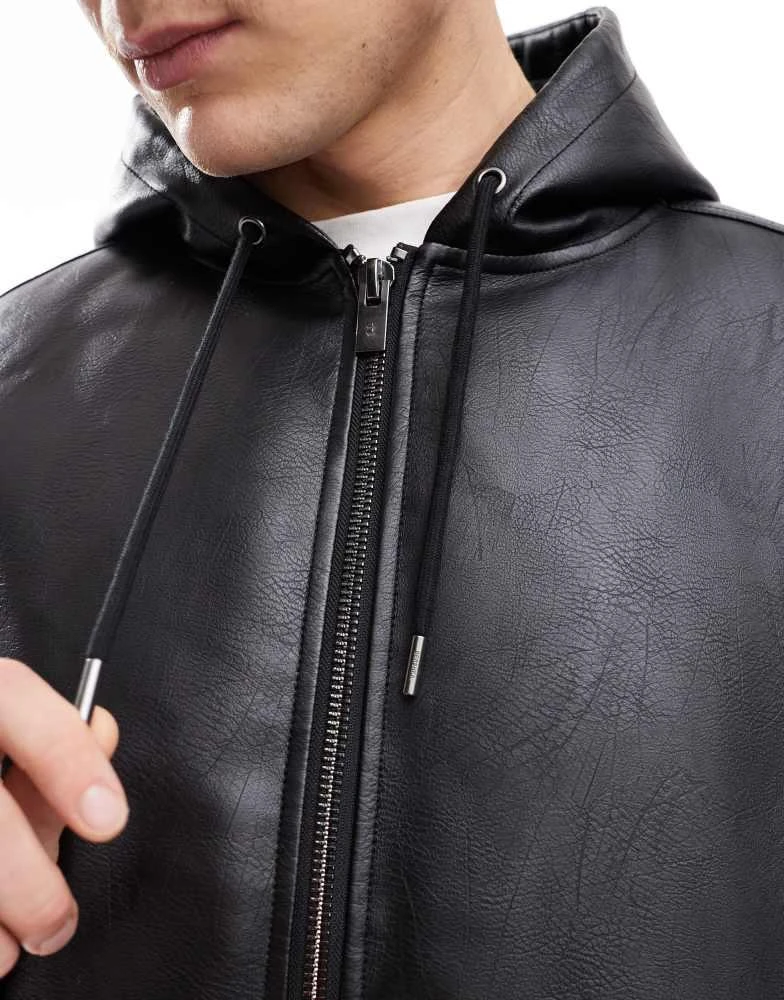 Bershka Bershka boxy fit faux leather jacket with hood in black 3