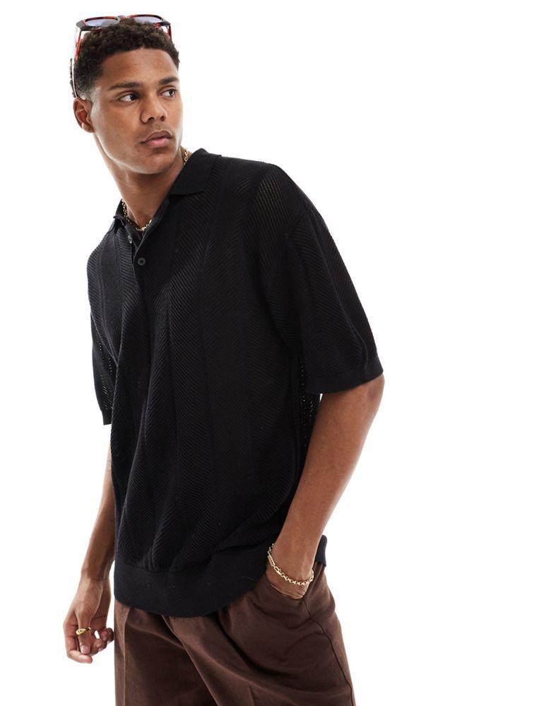 Pull&Bear Pull&Bear open weave knitted polo in black