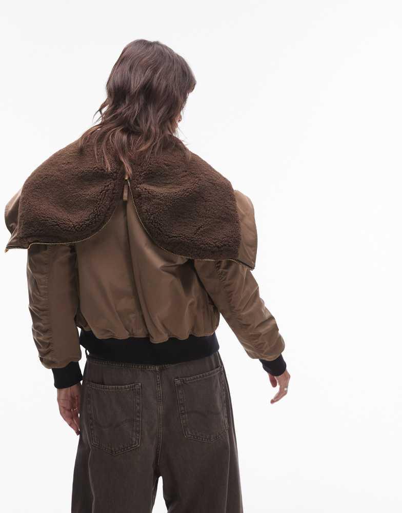 Mango Mango borg detail short puffer coat in khaki