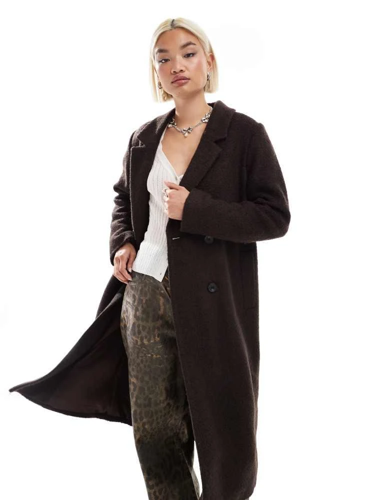 Monki Monki tailored double breasted longline coat in brown 1