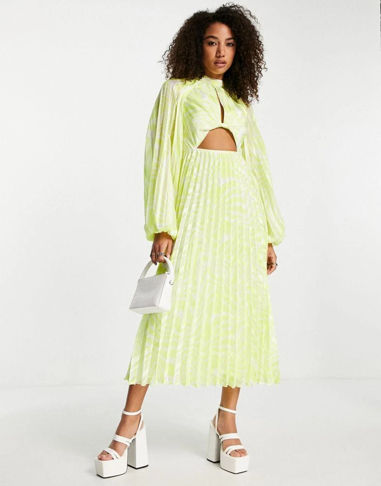 ASOS DESIGN ASOS DESIGN knot front high neck cutout pleated midi dress in yellow textured stripe 1