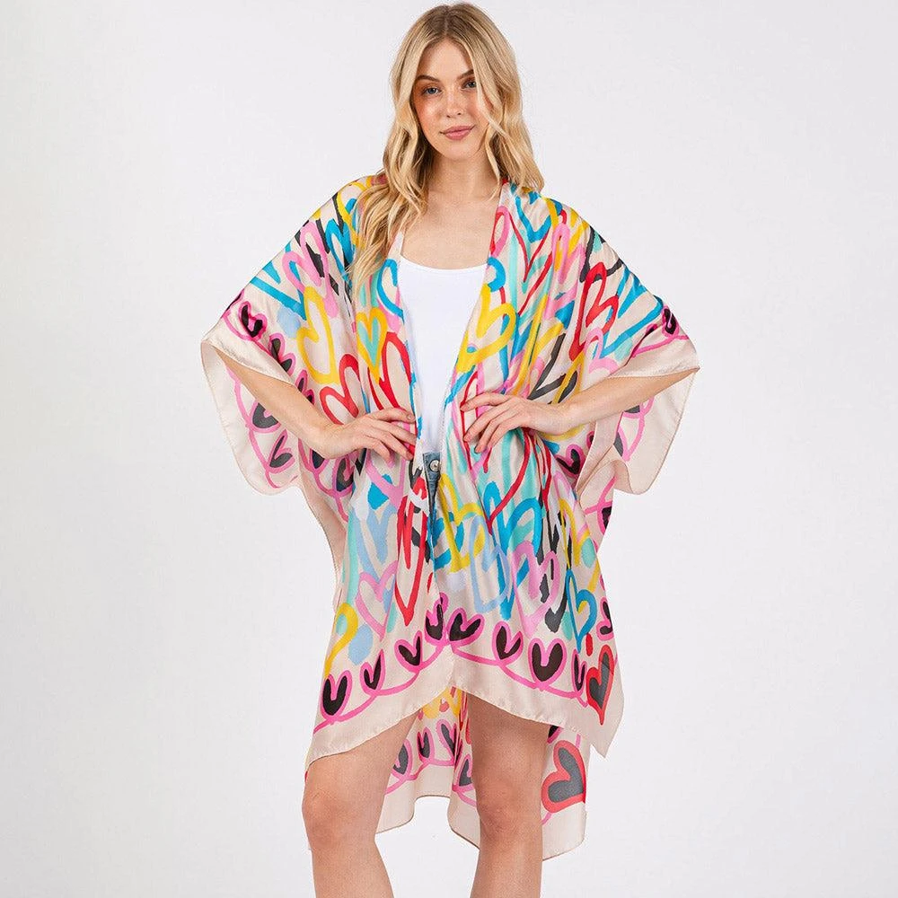 TRUEDAMES Multi Colored Heart Print Silky Feel Kimono Poncho