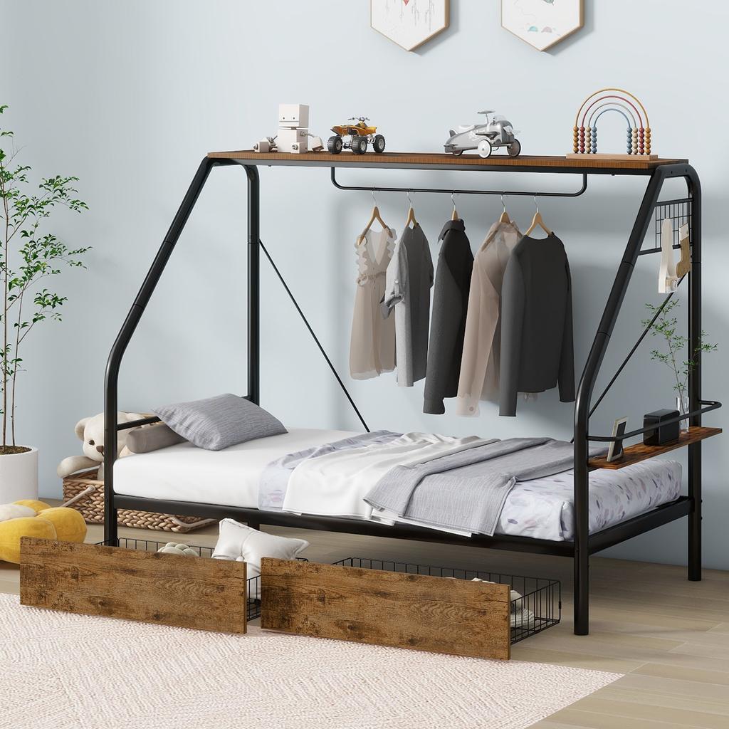 Simplie Fun Simplie Fun Twin Platform Bed with Clothes Rack, Shelves, Drawers