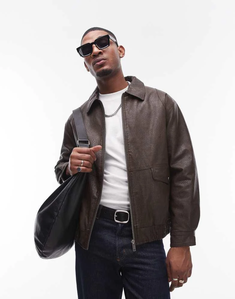 Topman Topman faux leather harrington jacket in brown 1