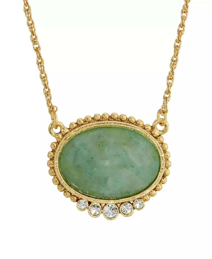 2028 Gold-Tone Oval Semi Precious with Crystals Necklace