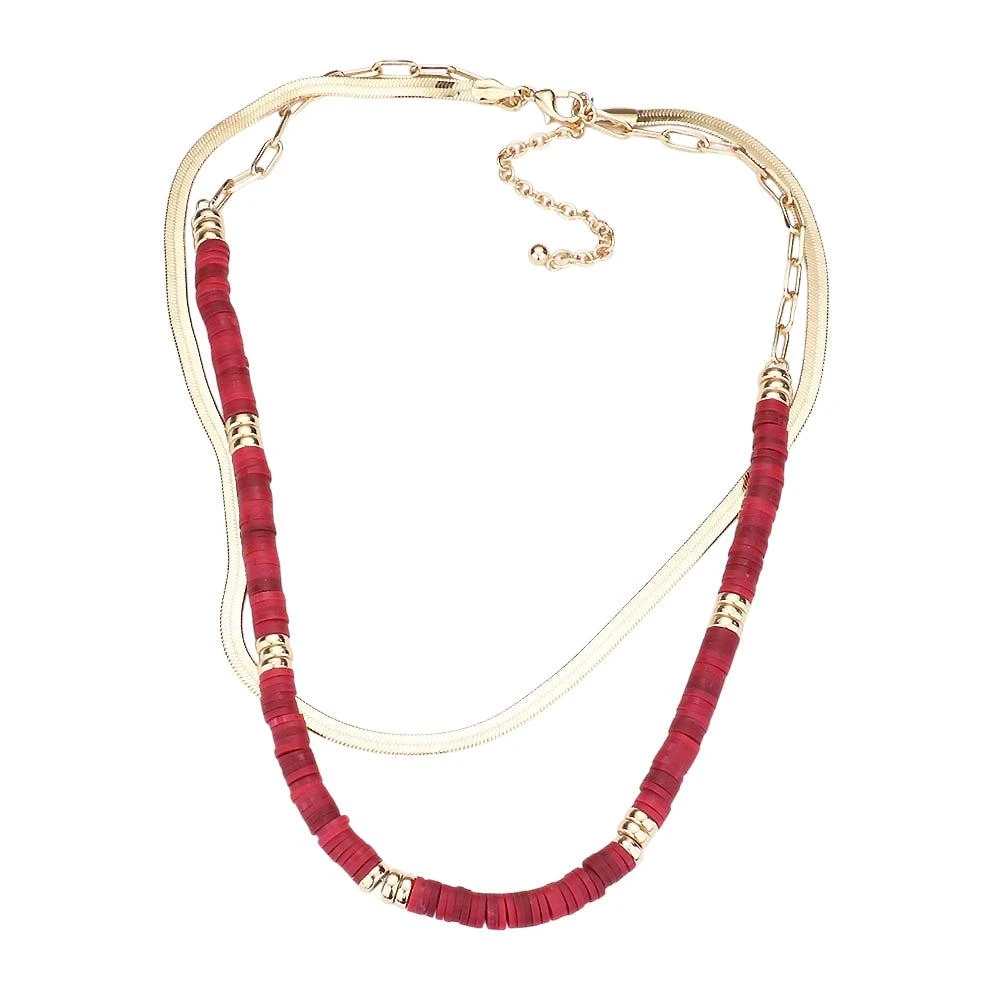 FASHNZFAB Metal Chain Heishi Beaded Double Layered Necklace 2