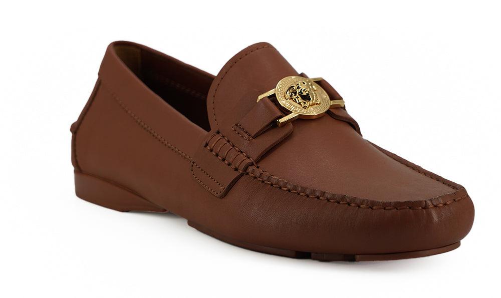 Shop Versace Natural Brown Calf Leather Loafers Shoes on