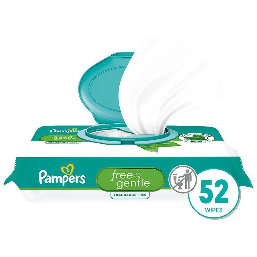 Pampers Free & Gentle Baby Wipes, 99% Water, Hypoallergenic, 100% Plant Based Unscented, 52 1