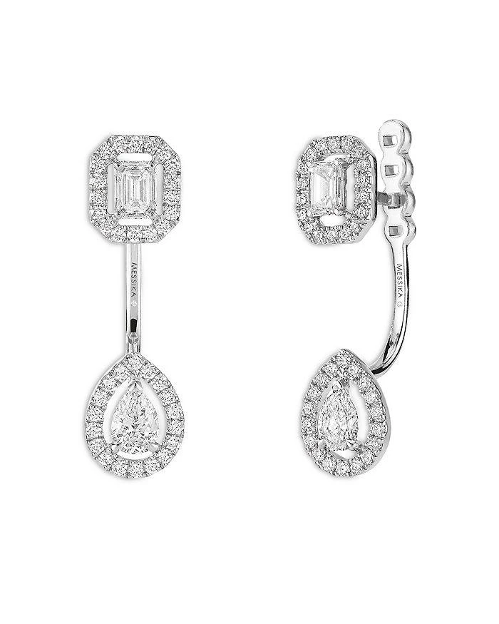 Messika 18K White Gold My Twin Diamond Pear 
Emerald Cut Toi 
Mois Halo Adjustable Front to Back Drop Earrings