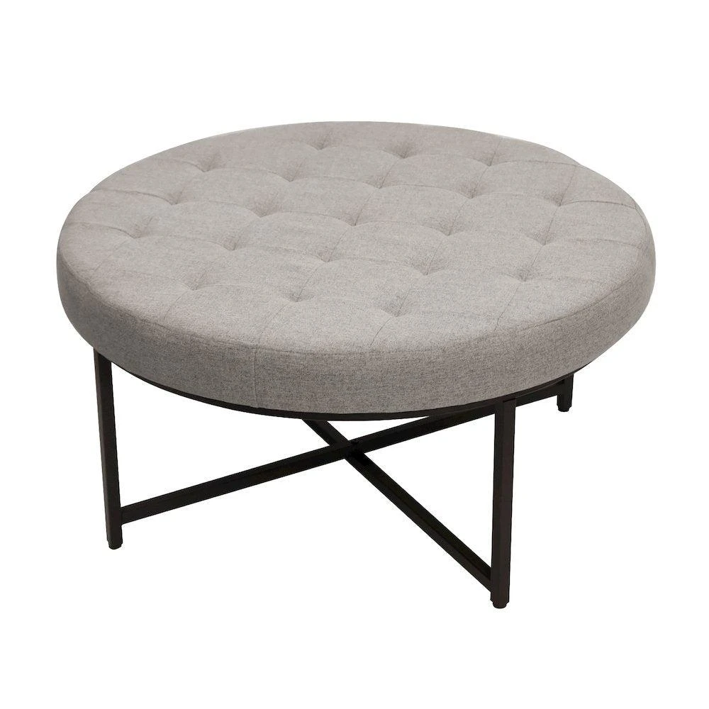 Flash Furniture 34" Round Cotton Linen Tufted Ottoman with Metal Frame, Gray Cotton Linen