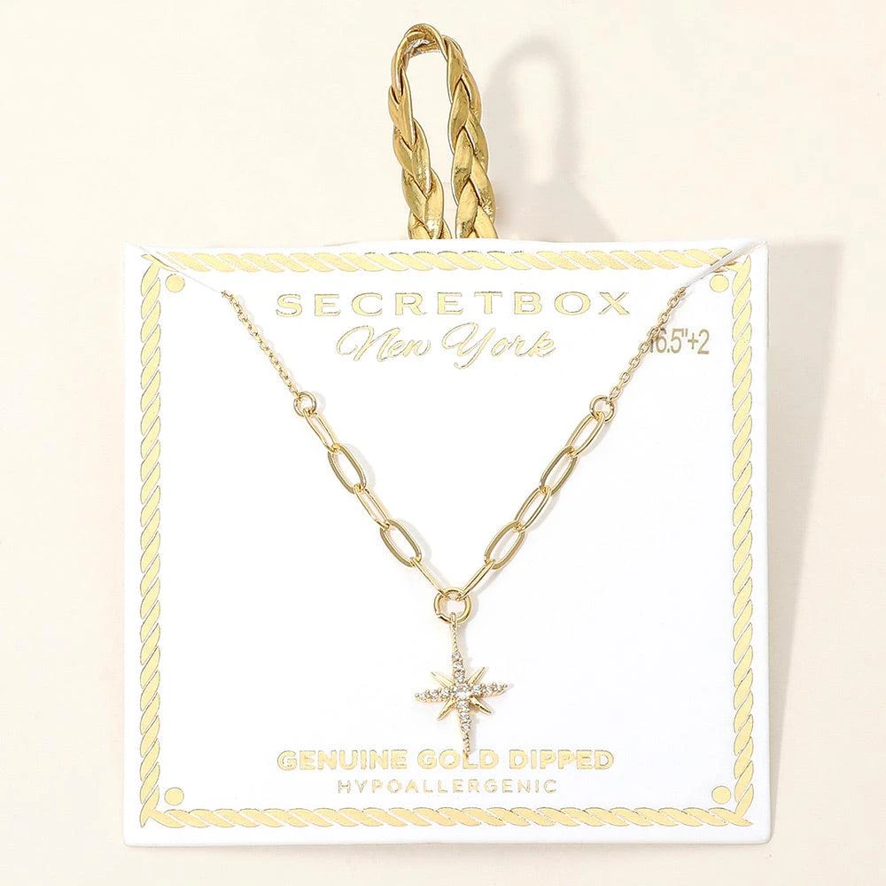 FASHNZFAB SECRET BOX_Genuine Gold Dipped Hypoallergenic Starburst Pendant Half Link Chain Necklace 2
