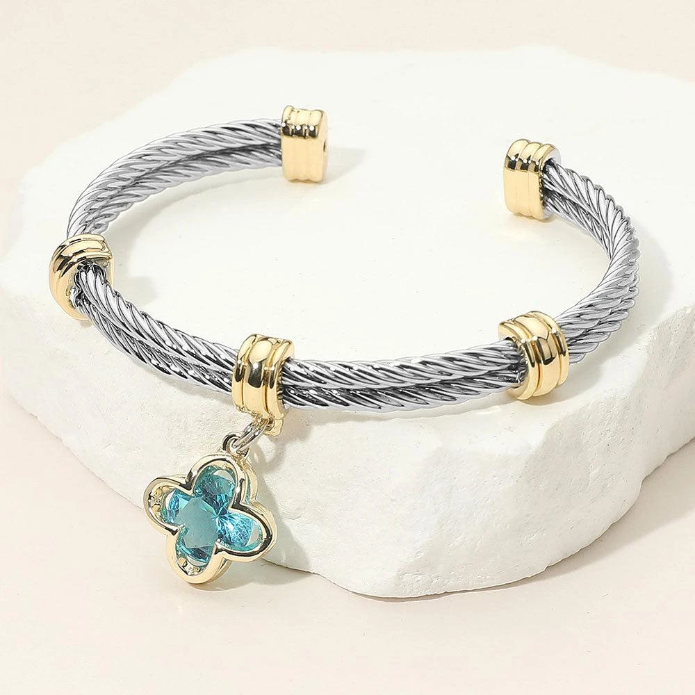 FASHNZFAB CZ Stone Quatrefoil Charm Dangle Cuff Bracelet