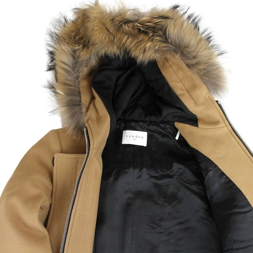 Sandro Women's Camel Kurt Wool Coat Fur Trim Women's Hood 5