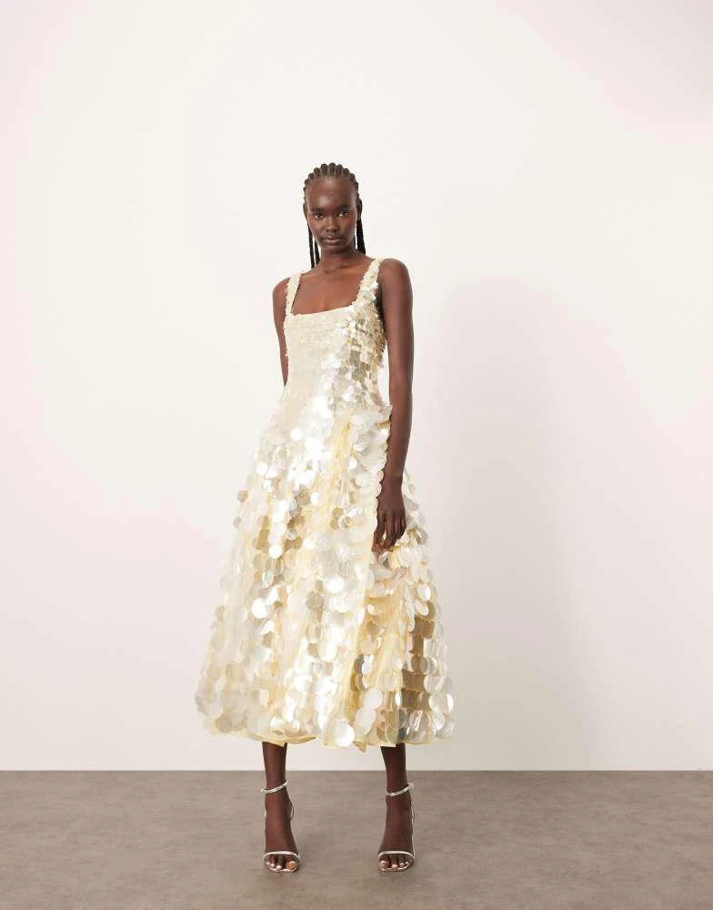ARRANGE ARRANGE embellished disc sequin square neck full skirt midi dress in lemon 4
