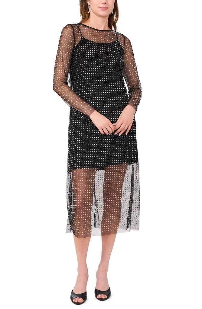 Halogen Crystal Detail Long Sleeve Mesh Overlay Midi Dress 10