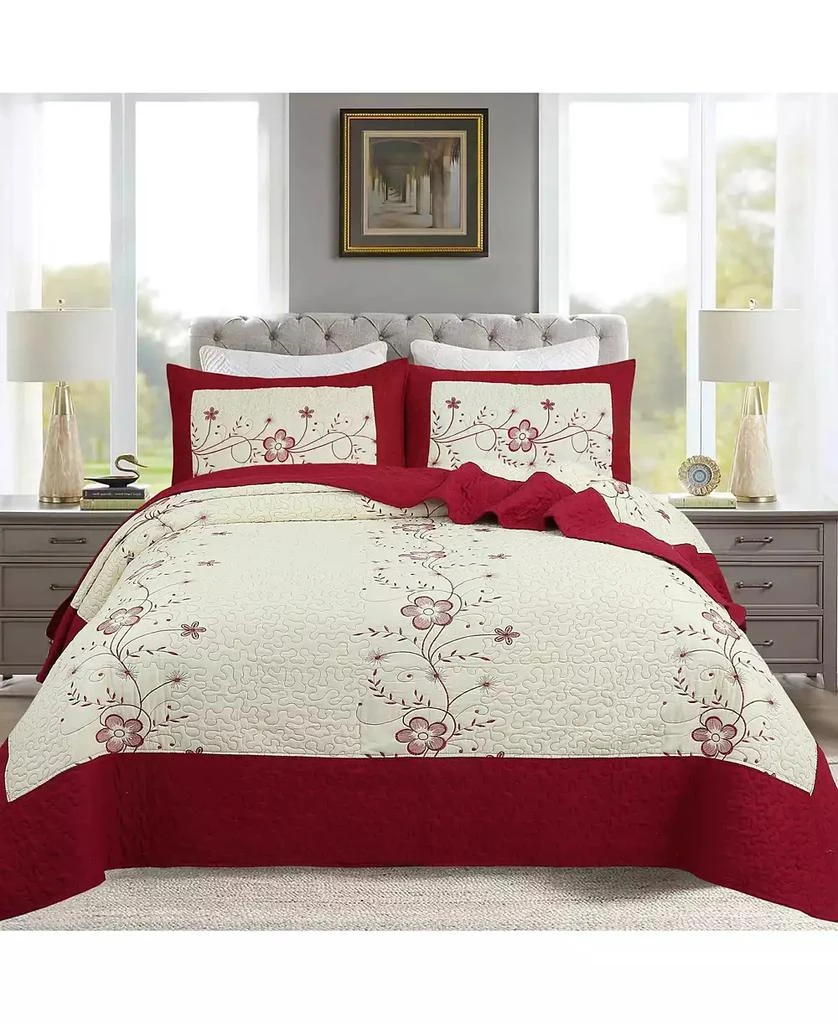 MarCielo 3 Piece Queen Size Embroidery Quilt Set Lightweight Bedspread Set