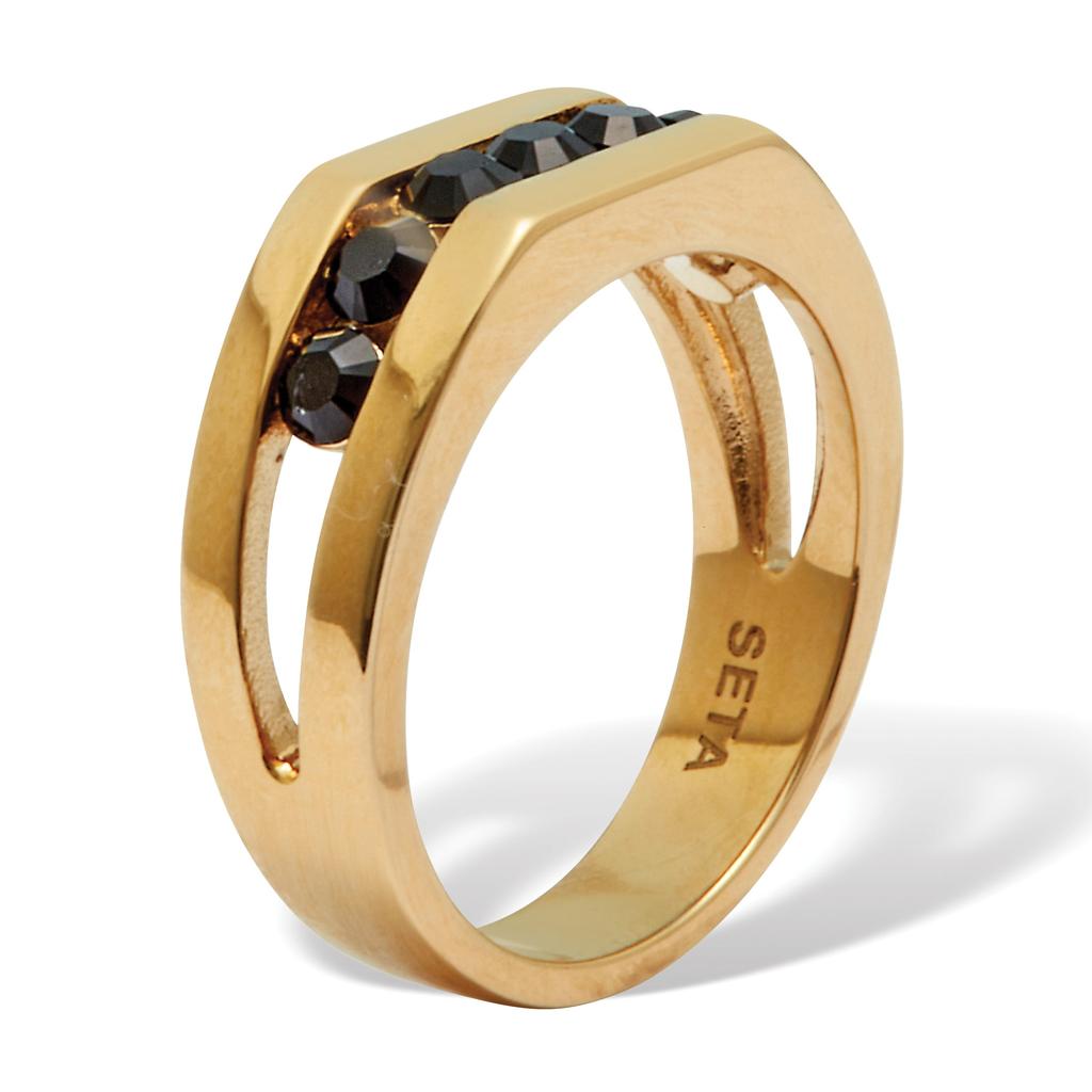 Palm Beach Jewelry Men's Round Black Crystal Yellow Gold Ion-Plated Stainless Steel Ring