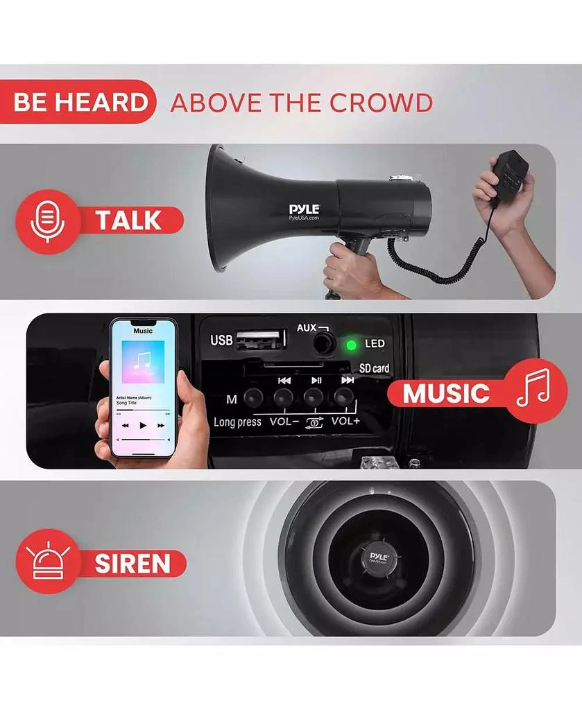 Pyle 100-Watt Hand-Grip Megaphone with Siren, MP3/Aux Input, Rechargeable Battery, Lightweight Black Bullhorn 3
