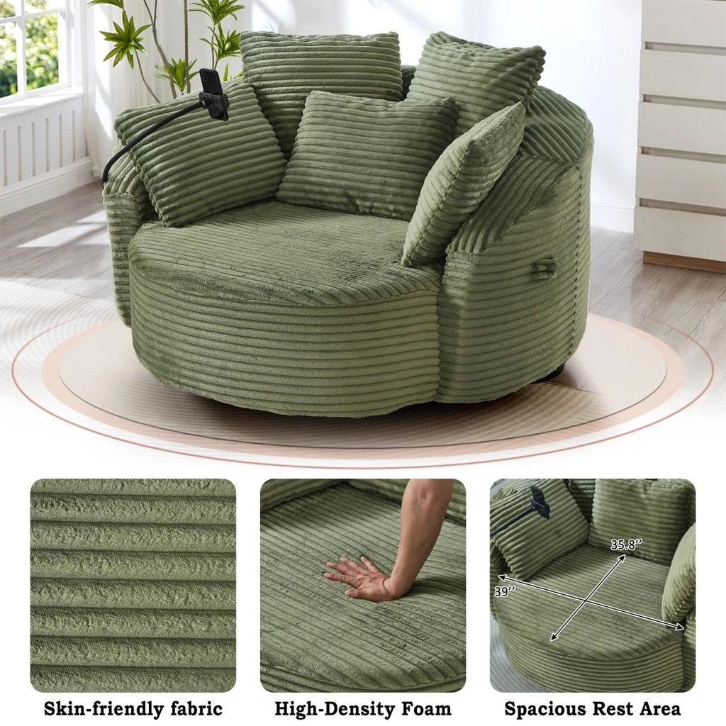 Streamdale Furniture Streamdale Green Corduroy 360° Swivel Accent Barrel Chair with 5 Pillows 
Phone Holder 6