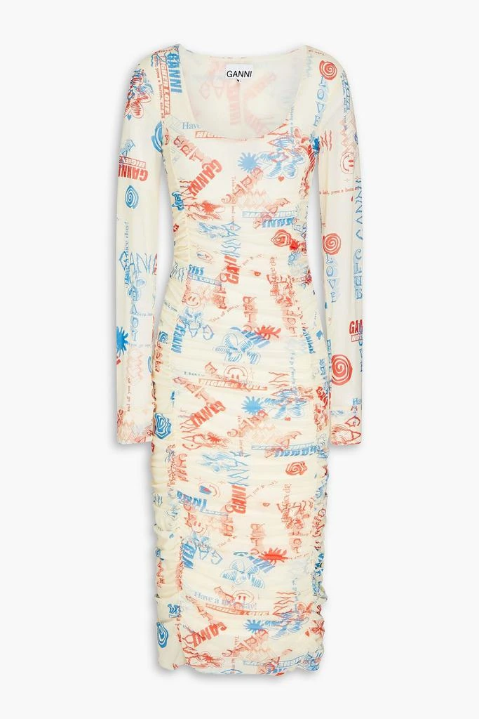 GANNI Ruched printed stretch-mesh midi dress 1