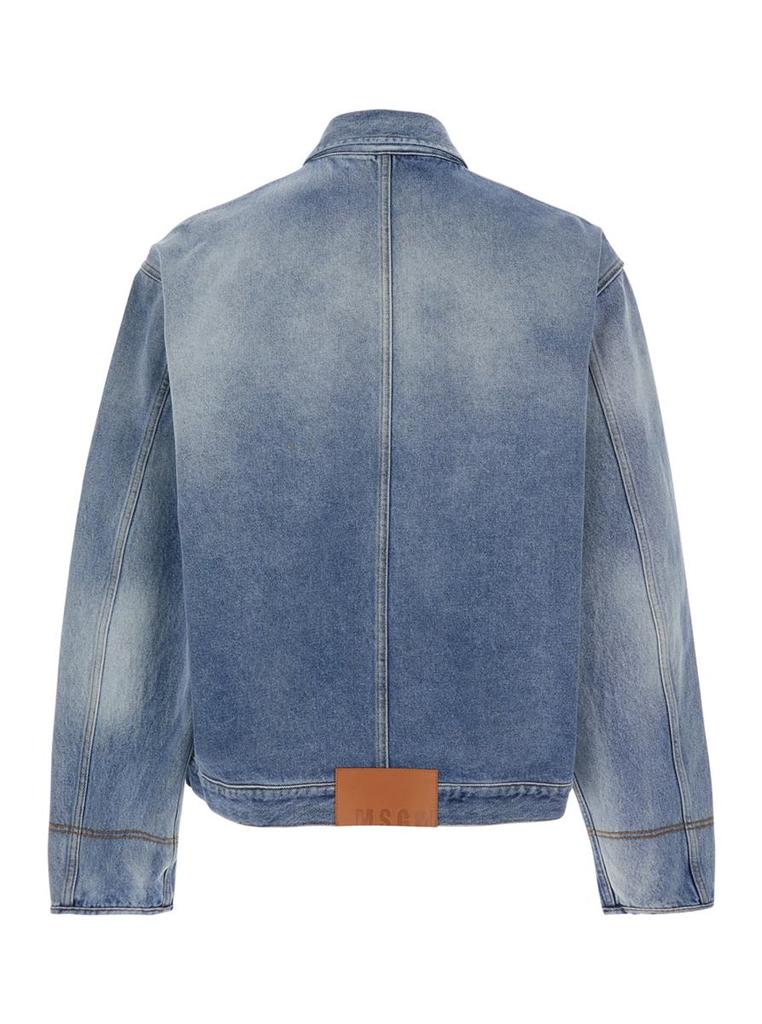 MSGM Blue Jacket With Faded Effect And Logo Embroidered On The Front In Denim Man