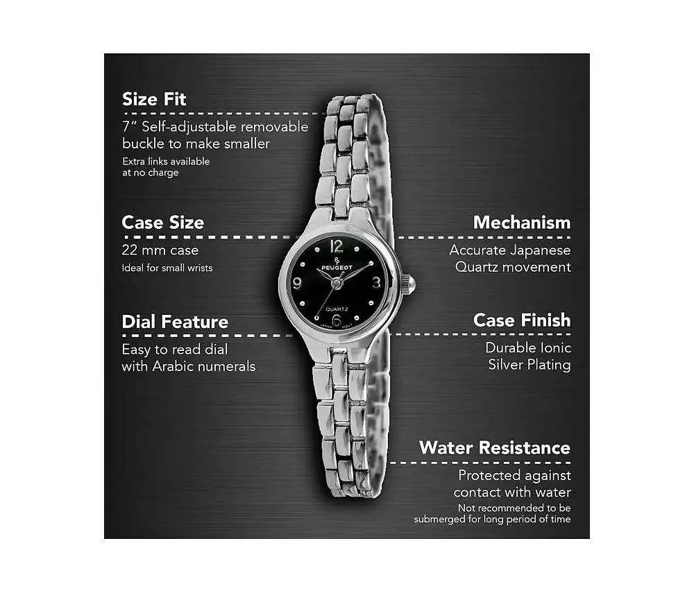 Peugeot Women 22mm Round Silver Self-Adjust Link Bracelet Watch 3