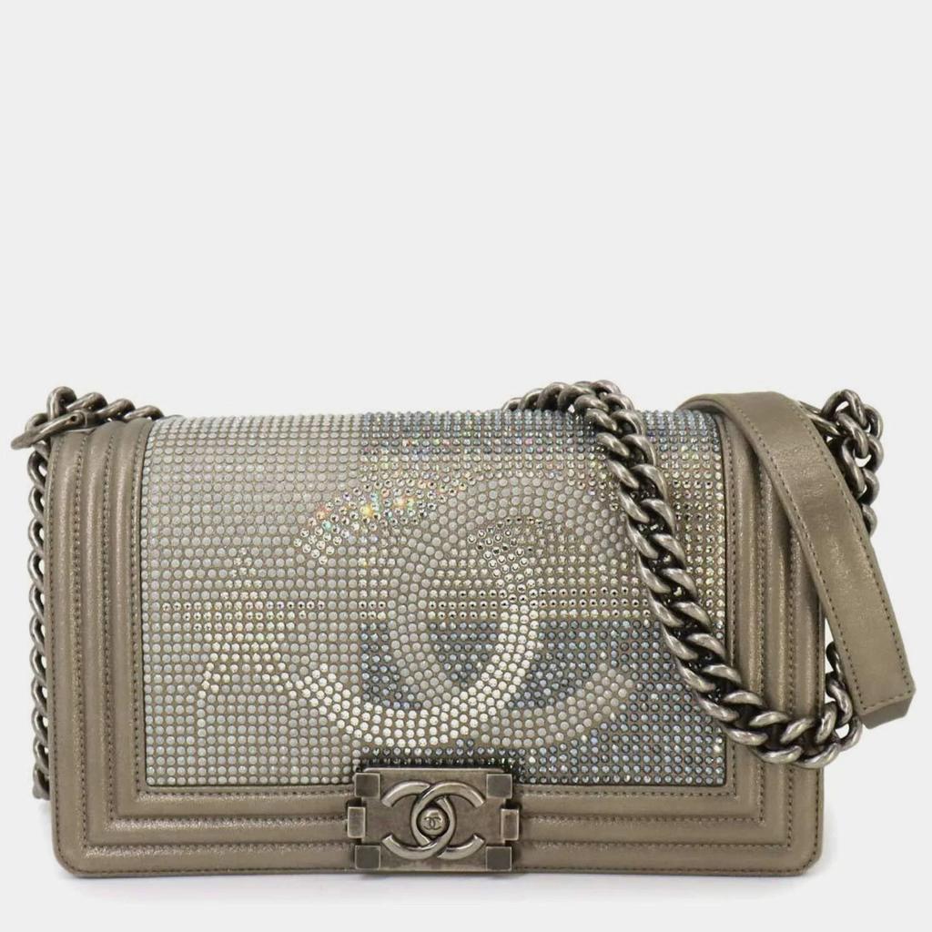 Chanel Chanel Metallic Gray Leather Rhinestone Boy Bag