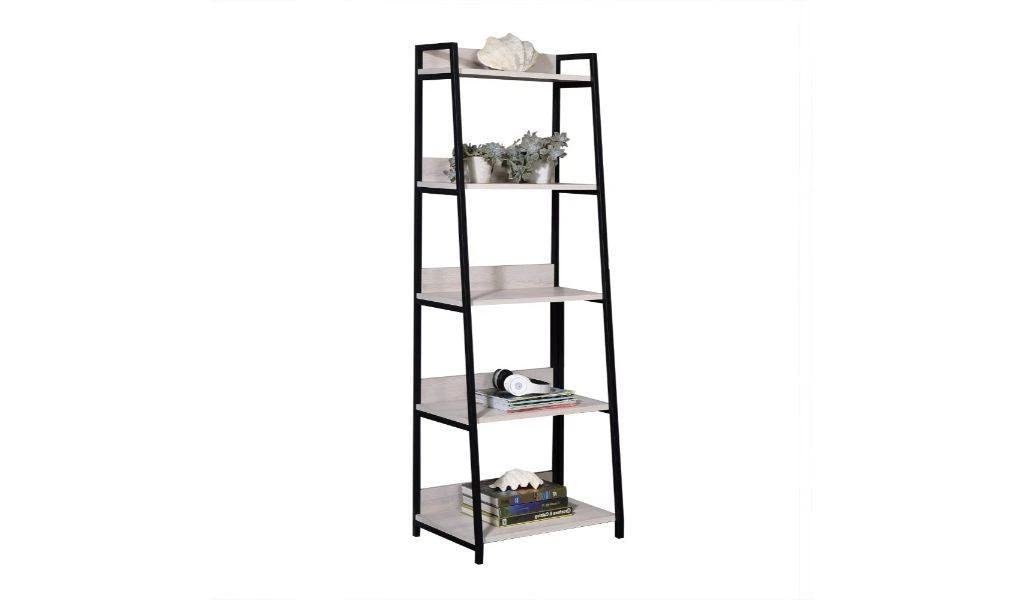 Hivvago 67" Natural and Black Metal Five Tier Ladder Bookcase 3