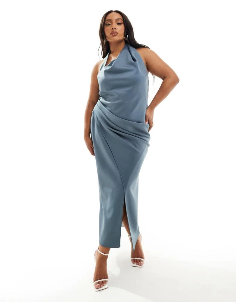 ASOS ASOS DESIGN Curve scuba wrap around halter neck midi dress in petrol blue 3