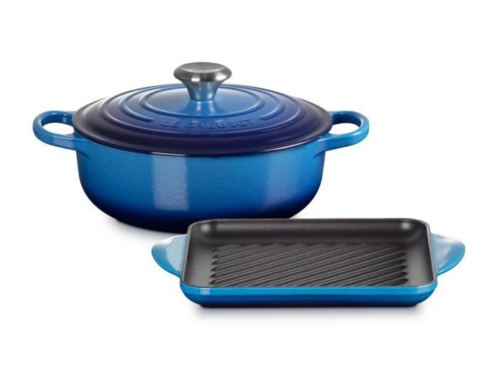 Le Creuset Set de 2 pièces avec une sauteuse et d
un gril carré de 24cm en fonte émaillée bleu Azur
