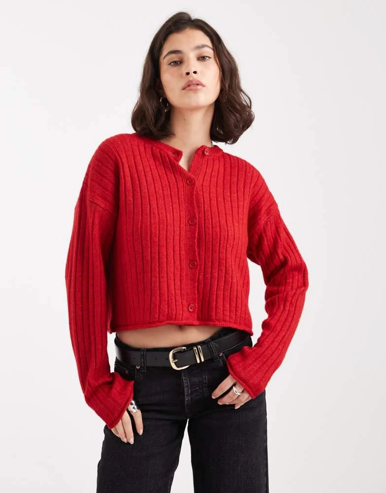 ASOS ASOS DESIGN knitted roll trim wide rib cardigan in red - Main Image
