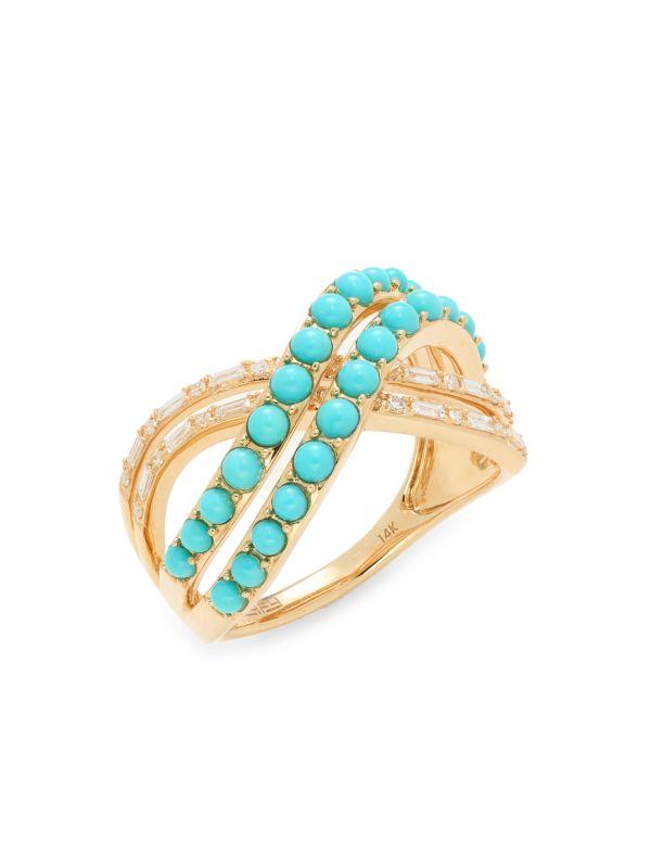 Effy 14K Yellow Gold, 0.27 TCW Diamond & Turquoise Wrap Ring