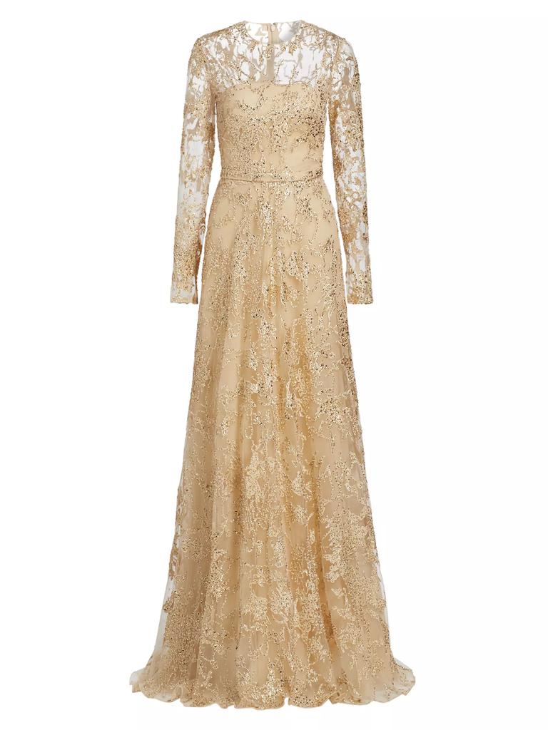 Pamella Roland Embroidered Tulle Long-Sleeve Gown