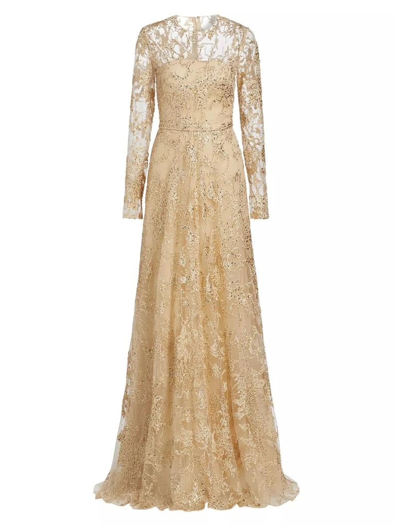 Pamella Roland Embroidered Tulle Long-Sleeve Gown 1