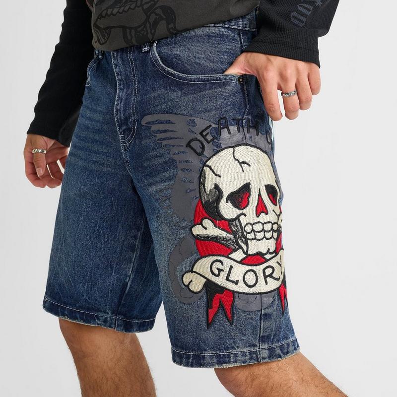 Ed Hardy skull Shorts DEATH GLORY 刺繍 Men's Ed Hardy Death or Glory Denim Shorts – On Sale Now