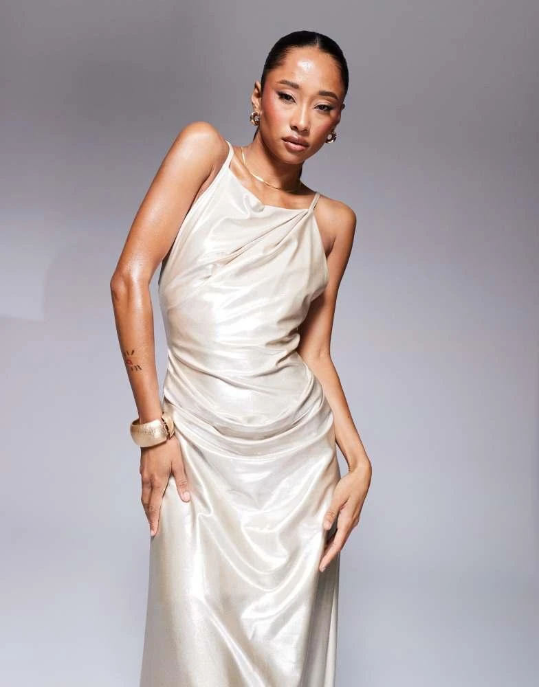 ASOS ASOS DESIGN metallic high neck maxi dress with open back detail in gold 4