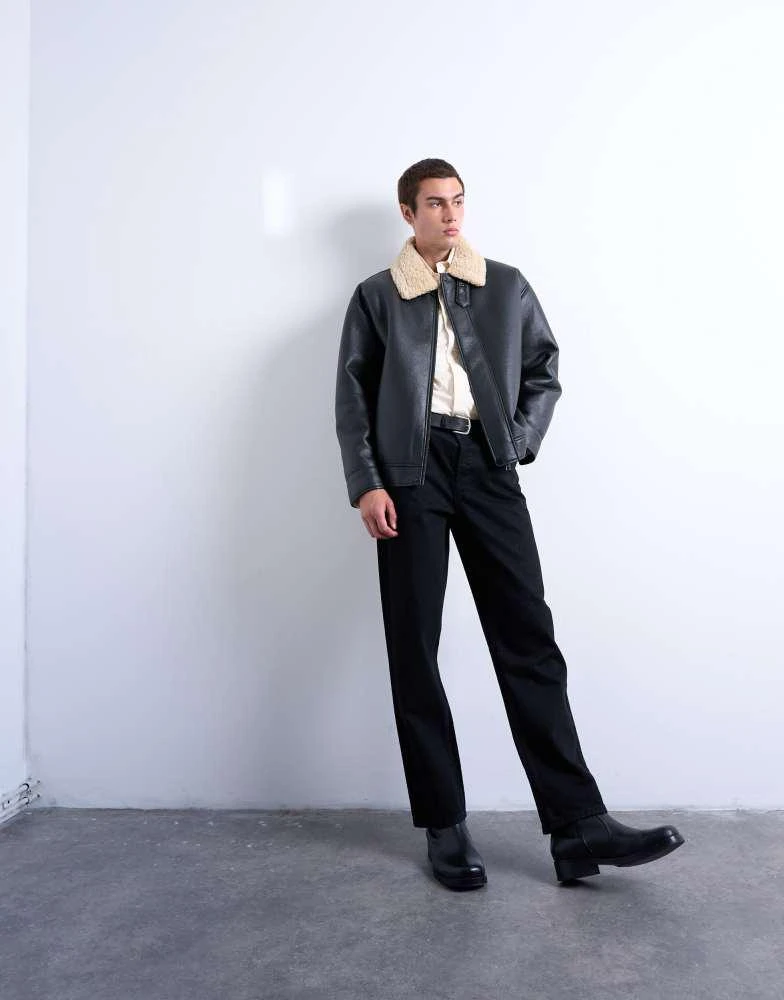 Topman Topman faux leather bomber jacket with shearling collar in black 2