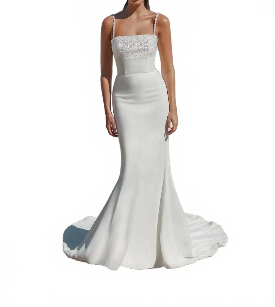 Sincerity Stretch Crepe Fit And Flare Wedding Gown In Ivory