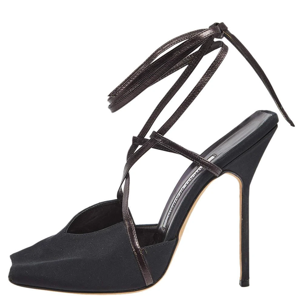 Manolo Blahnik Manolo Blahnik Black/Plum Satin and Leather Square Peep-Toe Ankle-Tie Sandals Size 38.5 2