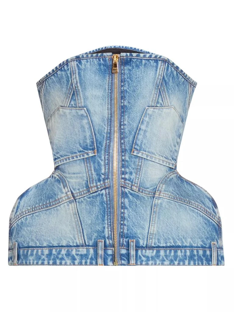 Balmain Basque Denim Zip-Up Bustier Top 1