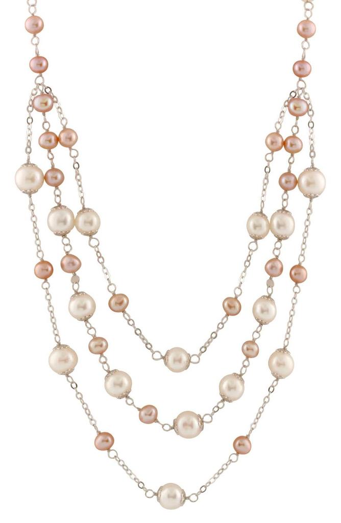 SPLENDID PEARLS 6-9mm White Cultured Freshwater Pearl Triple Row Tin Cup Station Necklace