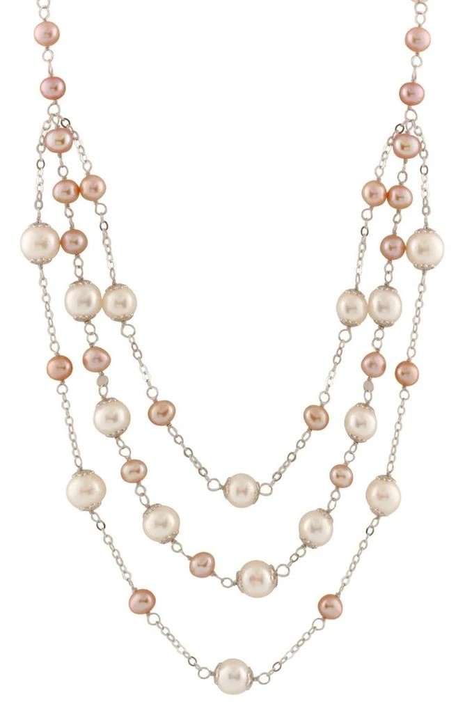 SPLENDID PEARLS 6-9mm White Cultured Freshwater Pearl Triple Row Tin Cup Station Necklace 1