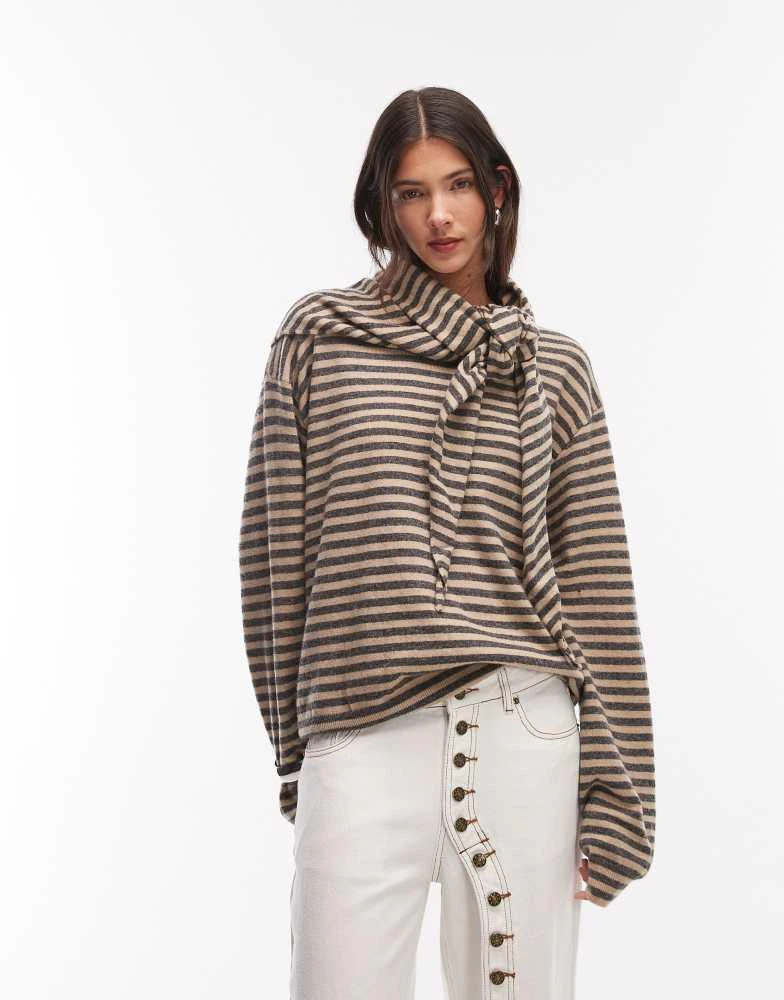 Lioness Lioness Olsen wool blend knitted boxy long sleeve detachable scarf detail jumper in beige and slate stripe