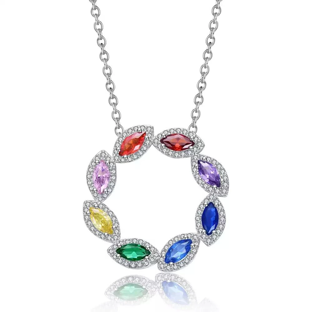 Rachel Glauber White Gold Plated with Multi-Colored Cubic Zirconia Round Petals Pendant Necklace