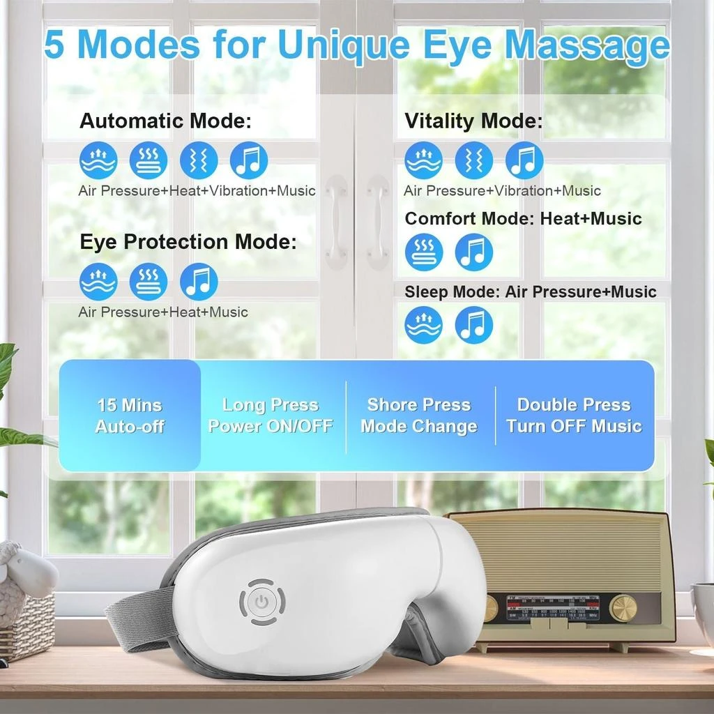 ERUULE Eye Massager With Heat Music Wireless Eye Mask for Migraines Rechargeable Eye Care Device with Air Pressure Vibration Massage for Men Women Elders 2