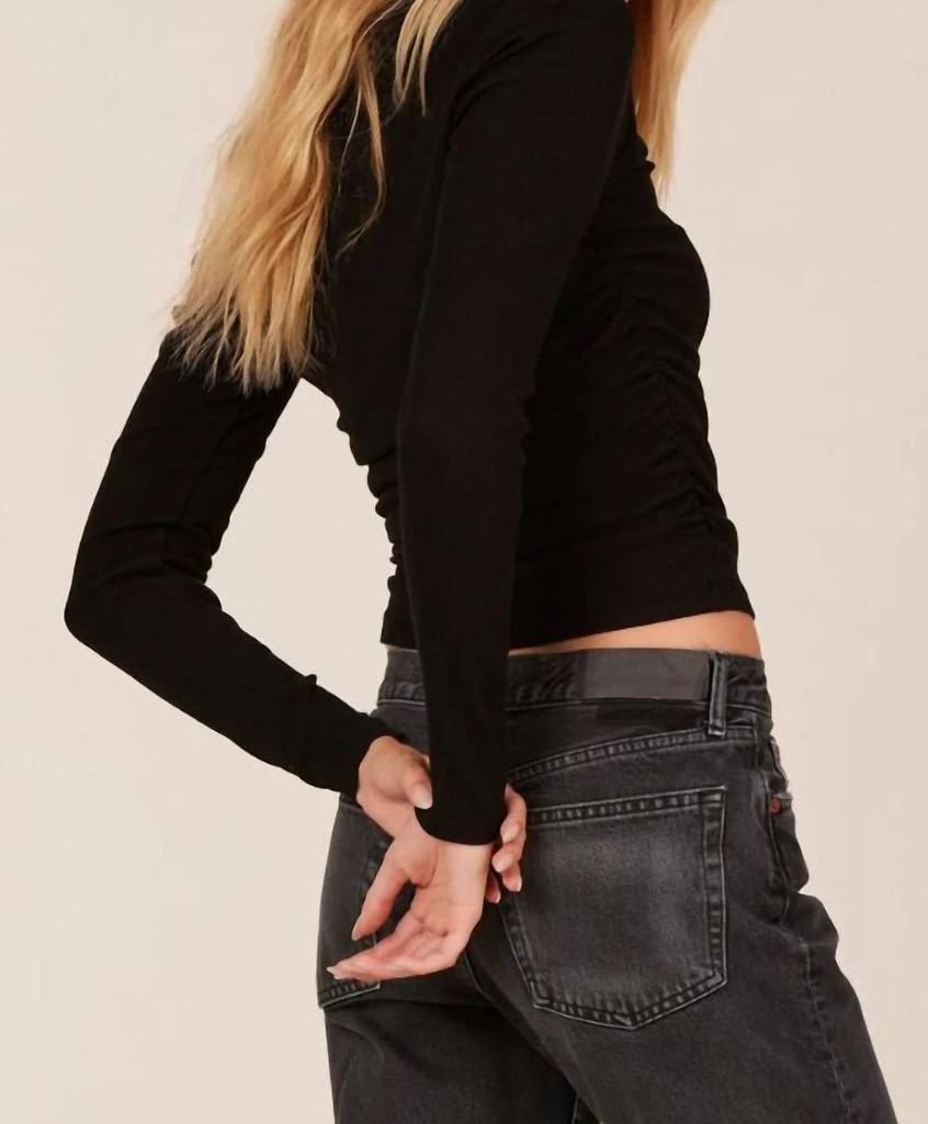 Bobi Side Shirred Crewneck Long Sleeve Tee In Black 2